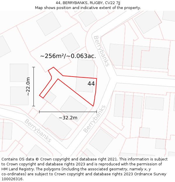 44, BERRYBANKS, RUGBY, CV22 7JJ: Plot and title map
