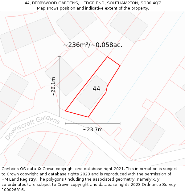 44, BERRYWOOD GARDENS, HEDGE END, SOUTHAMPTON, SO30 4QZ: Plot and title map