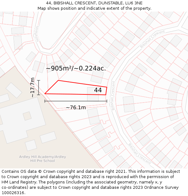 44, BIBSHALL CRESCENT, DUNSTABLE, LU6 3NE: Plot and title map