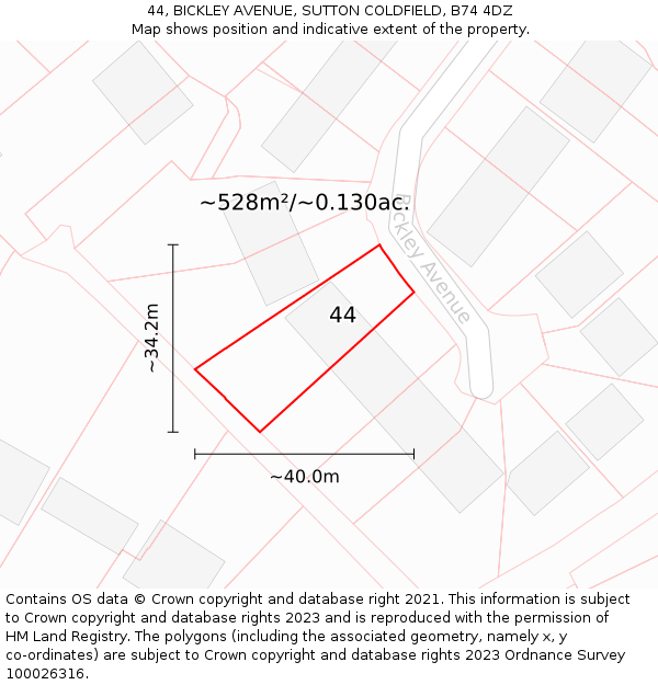 44, BICKLEY AVENUE, SUTTON COLDFIELD, B74 4DZ: Plot and title map