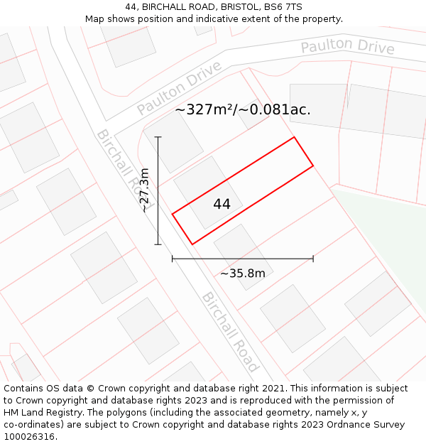 44, BIRCHALL ROAD, BRISTOL, BS6 7TS: Plot and title map