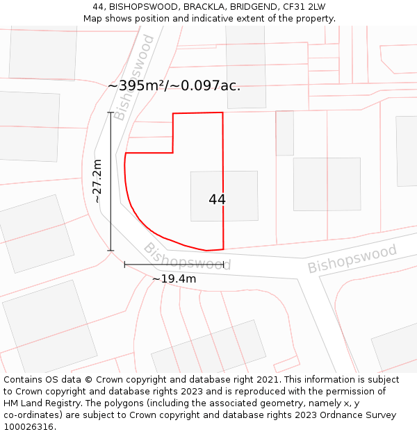 44, BISHOPSWOOD, BRACKLA, BRIDGEND, CF31 2LW: Plot and title map