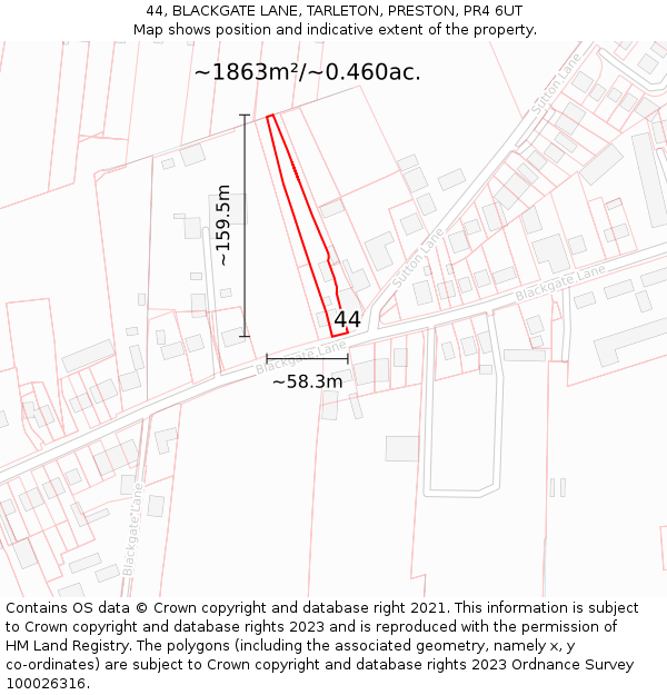 44, BLACKGATE LANE, TARLETON, PRESTON, PR4 6UT: Plot and title map