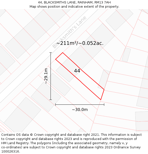 44, BLACKSMITHS LANE, RAINHAM, RM13 7AH: Plot and title map
