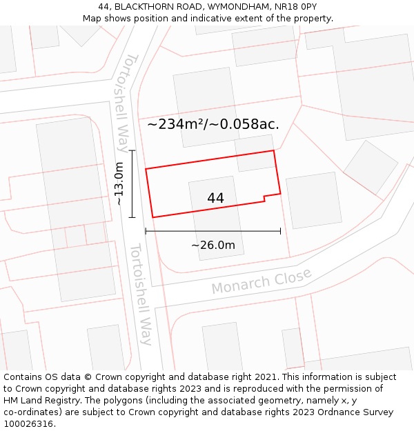 44, BLACKTHORN ROAD, WYMONDHAM, NR18 0PY: Plot and title map