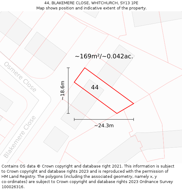 44, BLAKEMERE CLOSE, WHITCHURCH, SY13 1PE: Plot and title map