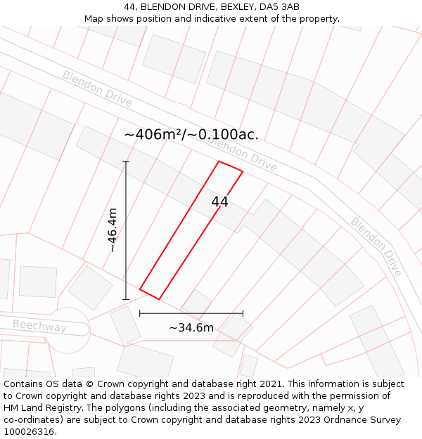 44, BLENDON DRIVE, BEXLEY, DA5 3AB: Plot and title map