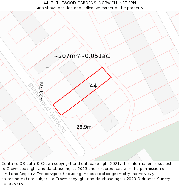 44, BLITHEWOOD GARDENS, NORWICH, NR7 8PN: Plot and title map