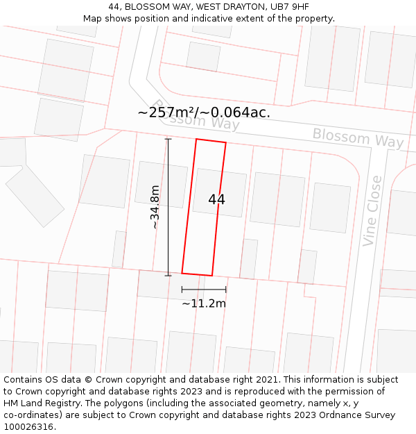 44, BLOSSOM WAY, WEST DRAYTON, UB7 9HF: Plot and title map