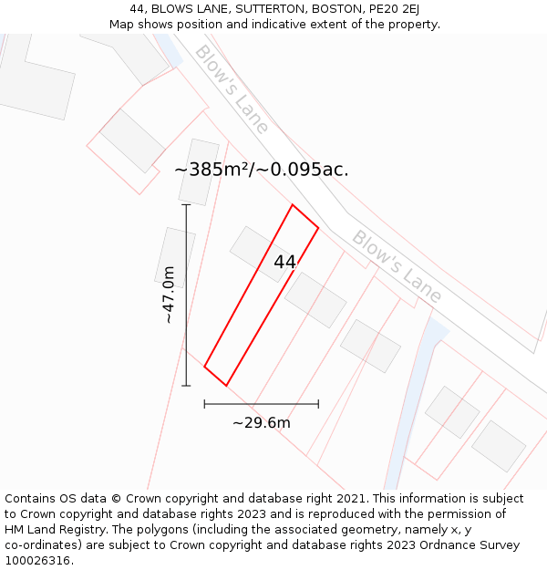 44, BLOWS LANE, SUTTERTON, BOSTON, PE20 2EJ: Plot and title map