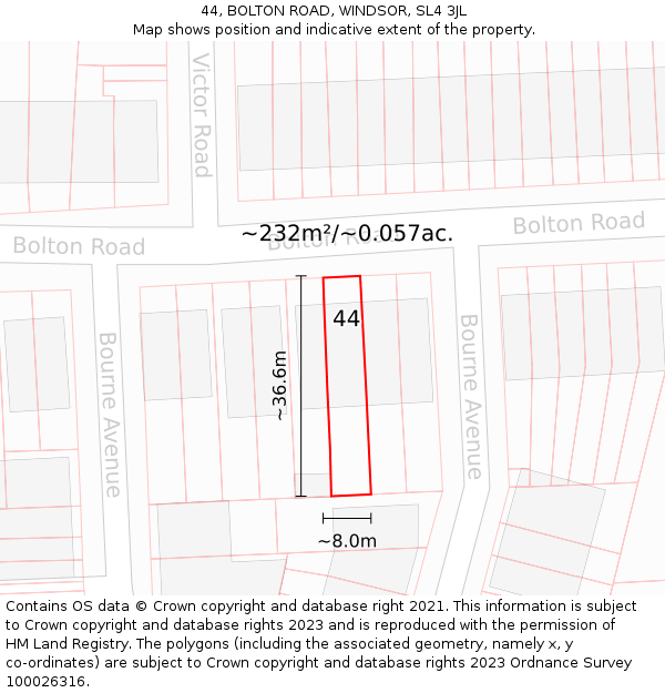 44, BOLTON ROAD, WINDSOR, SL4 3JL: Plot and title map