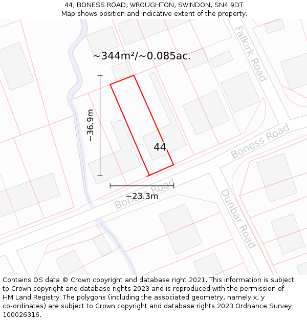 44, BONESS ROAD, WROUGHTON, SWINDON, SN4 9DT: Plot and title map