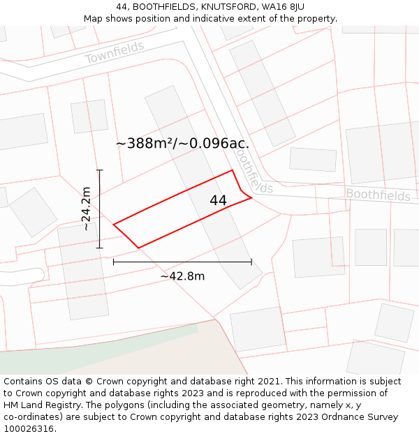 44, BOOTHFIELDS, KNUTSFORD, WA16 8JU: Plot and title map