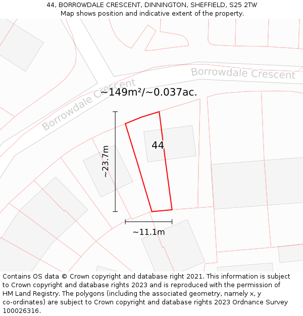 44, BORROWDALE CRESCENT, DINNINGTON, SHEFFIELD, S25 2TW: Plot and title map