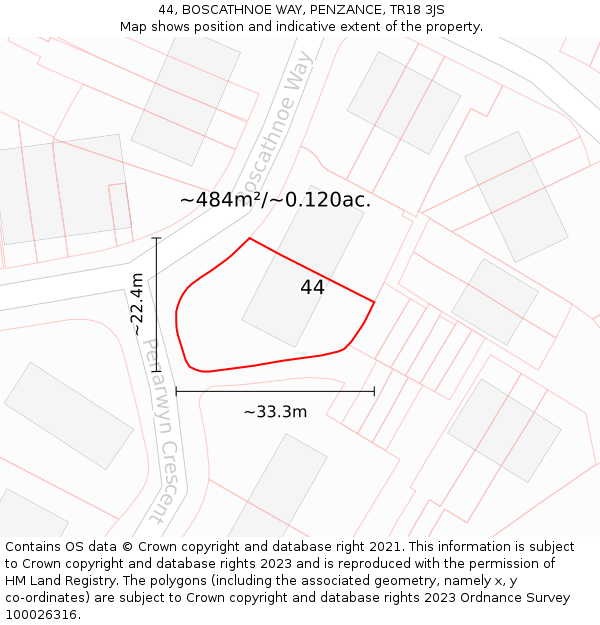 44, BOSCATHNOE WAY, PENZANCE, TR18 3JS: Plot and title map