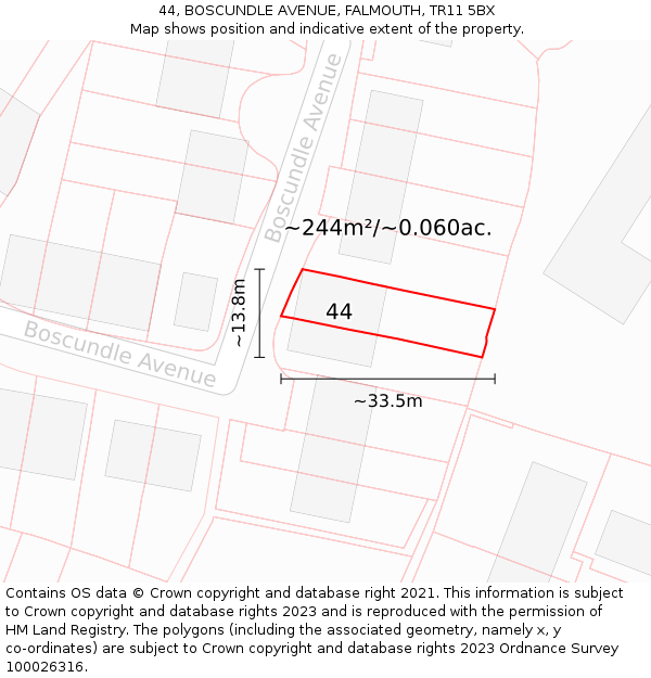 44, BOSCUNDLE AVENUE, FALMOUTH, TR11 5BX: Plot and title map