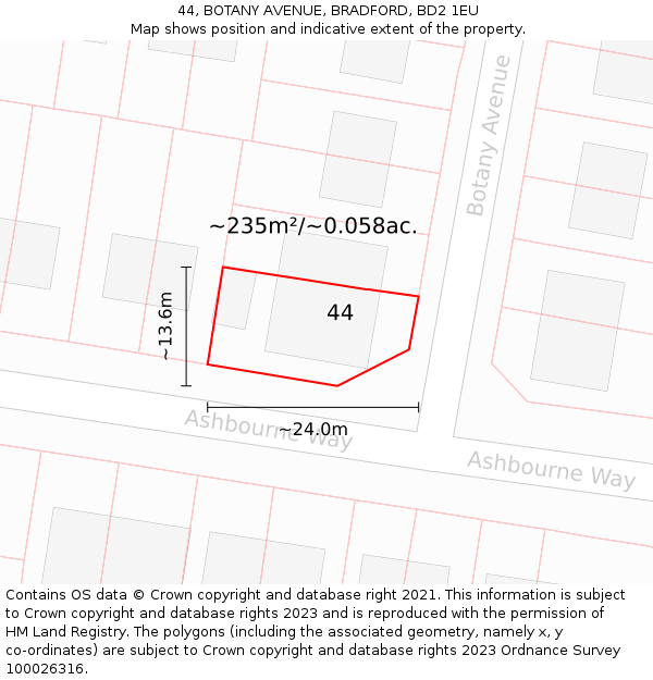 44, BOTANY AVENUE, BRADFORD, BD2 1EU: Plot and title map