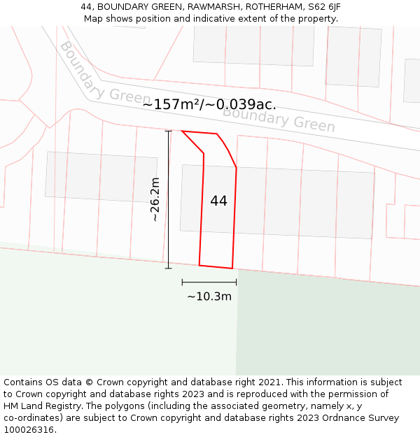 44, BOUNDARY GREEN, RAWMARSH, ROTHERHAM, S62 6JF: Plot and title map