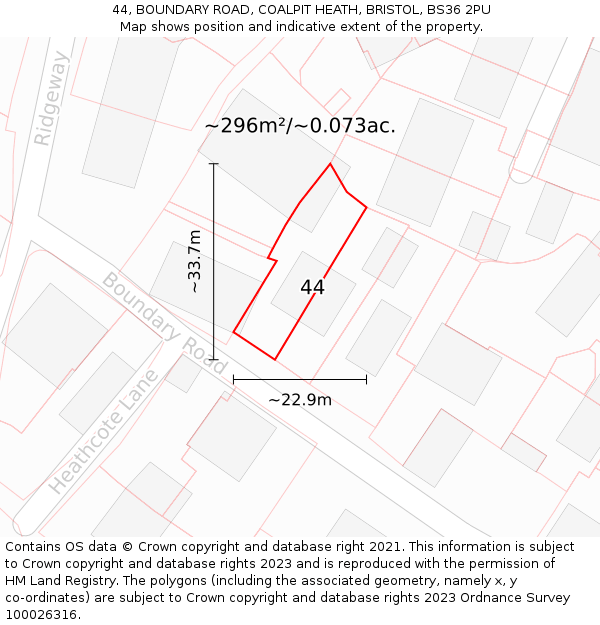 44, BOUNDARY ROAD, COALPIT HEATH, BRISTOL, BS36 2PU: Plot and title map