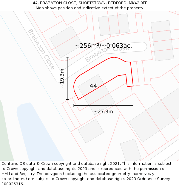 44, BRABAZON CLOSE, SHORTSTOWN, BEDFORD, MK42 0FF: Plot and title map