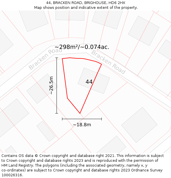 44, BRACKEN ROAD, BRIGHOUSE, HD6 2HX: Plot and title map