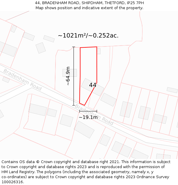 44, BRADENHAM ROAD, SHIPDHAM, THETFORD, IP25 7PH: Plot and title map