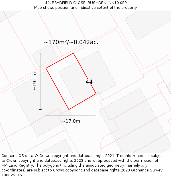 44, BRADFIELD CLOSE, RUSHDEN, NN10 0EP: Plot and title map