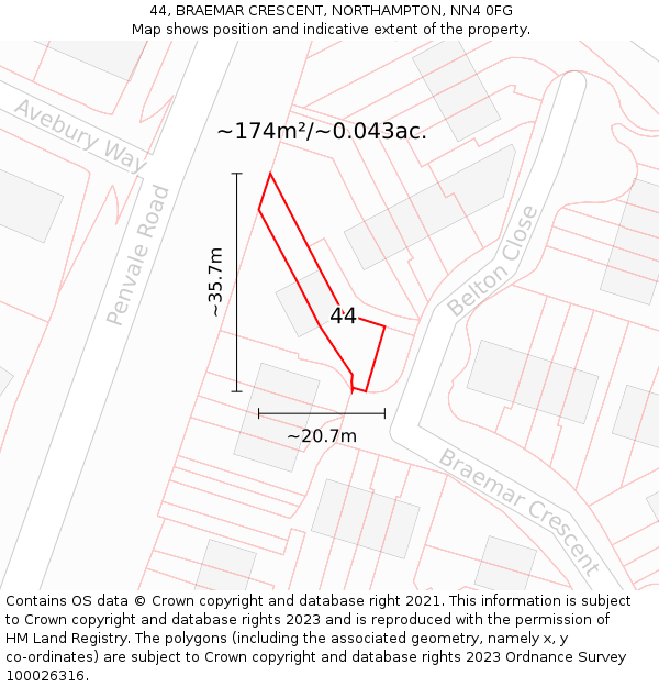 44, BRAEMAR CRESCENT, NORTHAMPTON, NN4 0FG: Plot and title map