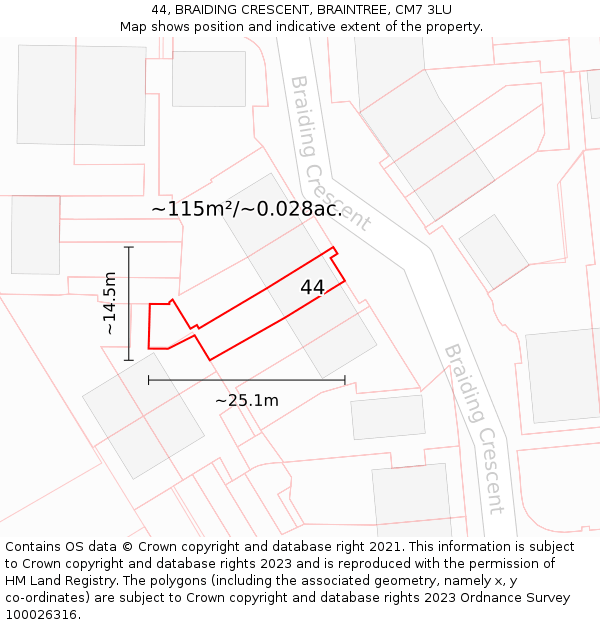 44, BRAIDING CRESCENT, BRAINTREE, CM7 3LU: Plot and title map