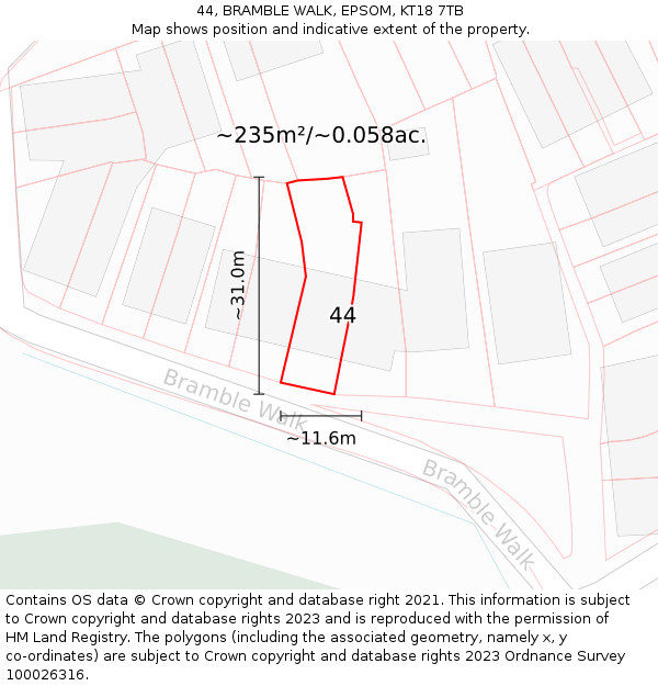 44, BRAMBLE WALK, EPSOM, KT18 7TB: Plot and title map