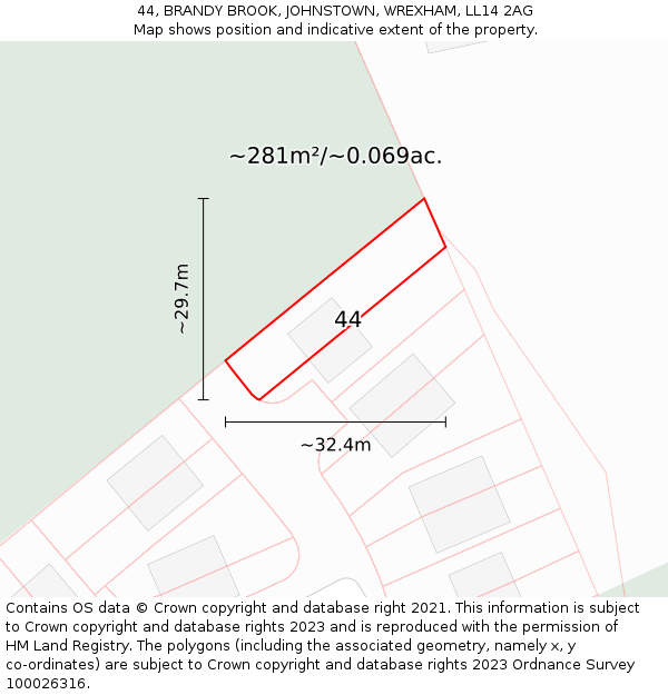 44, BRANDY BROOK, JOHNSTOWN, WREXHAM, LL14 2AG: Plot and title map