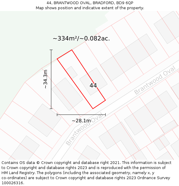 44, BRANTWOOD OVAL, BRADFORD, BD9 6QP: Plot and title map