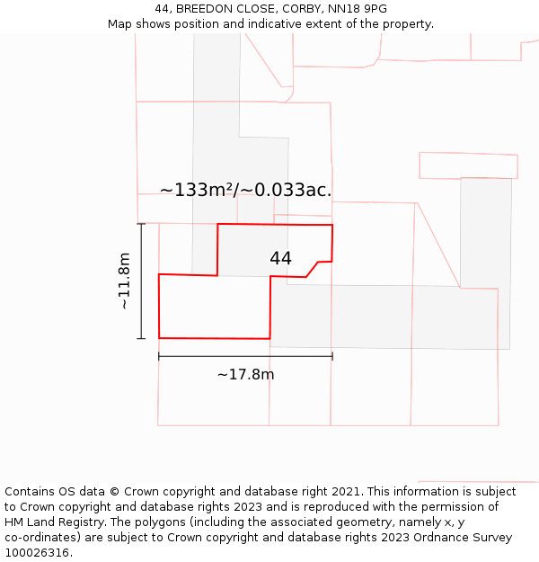 44, BREEDON CLOSE, CORBY, NN18 9PG: Plot and title map