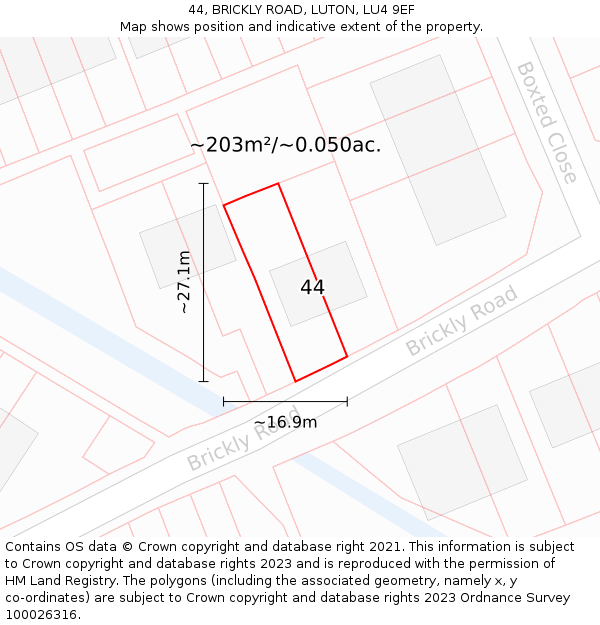 44, BRICKLY ROAD, LUTON, LU4 9EF: Plot and title map