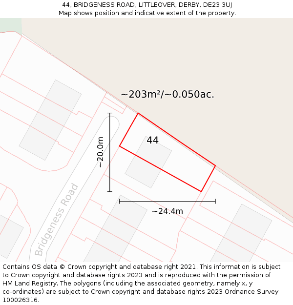 44, BRIDGENESS ROAD, LITTLEOVER, DERBY, DE23 3UJ: Plot and title map