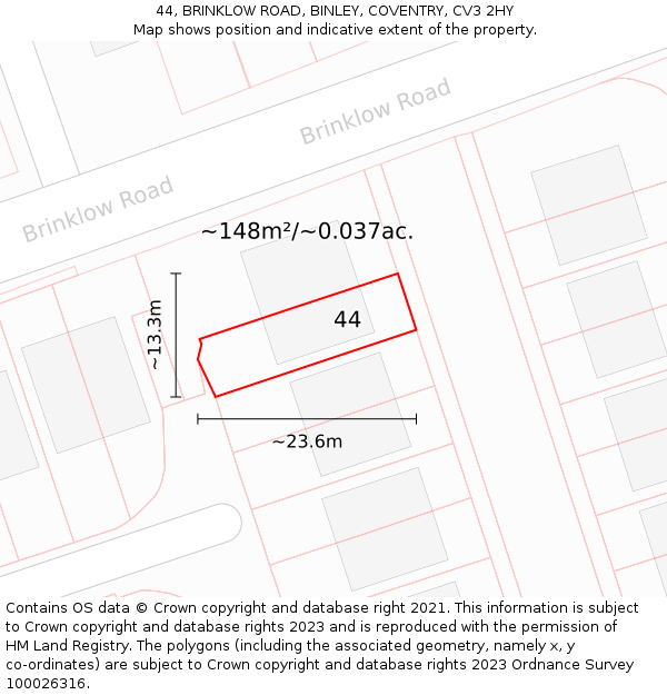 44, BRINKLOW ROAD, BINLEY, COVENTRY, CV3 2HY: Plot and title map