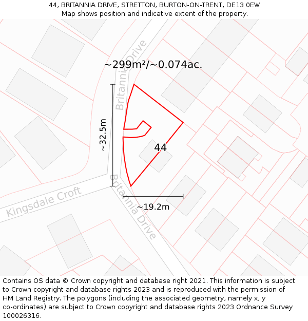 44, BRITANNIA DRIVE, STRETTON, BURTON-ON-TRENT, DE13 0EW: Plot and title map