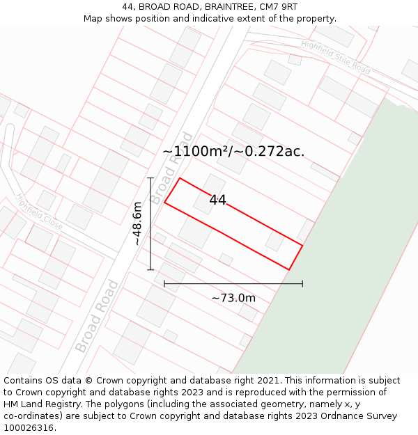 44, BROAD ROAD, BRAINTREE, CM7 9RT: Plot and title map