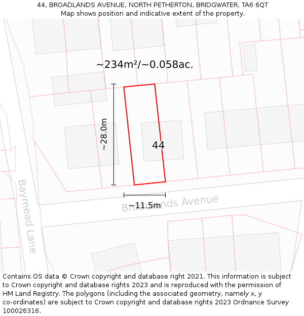 44, BROADLANDS AVENUE, NORTH PETHERTON, BRIDGWATER, TA6 6QT: Plot and title map