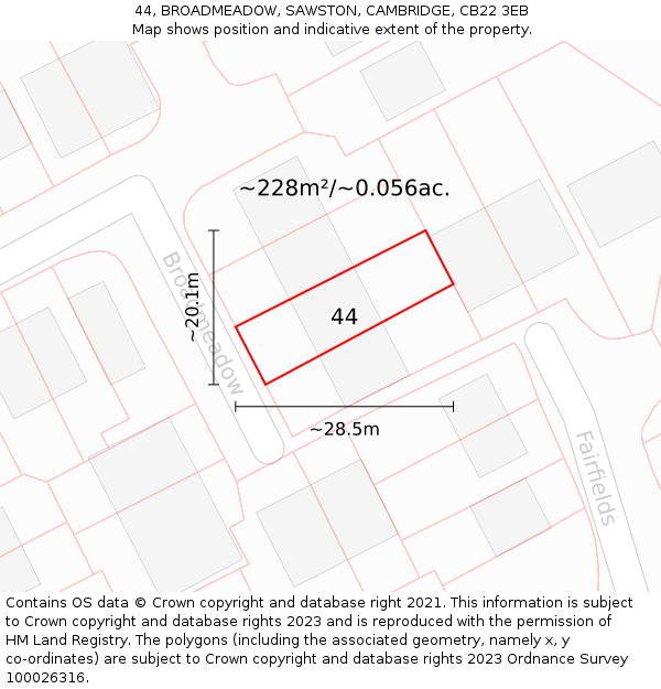 44, BROADMEADOW, SAWSTON, CAMBRIDGE, CB22 3EB: Plot and title map