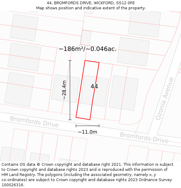 44, BROMFORDS DRIVE, WICKFORD, SS12 0PE: Plot and title map