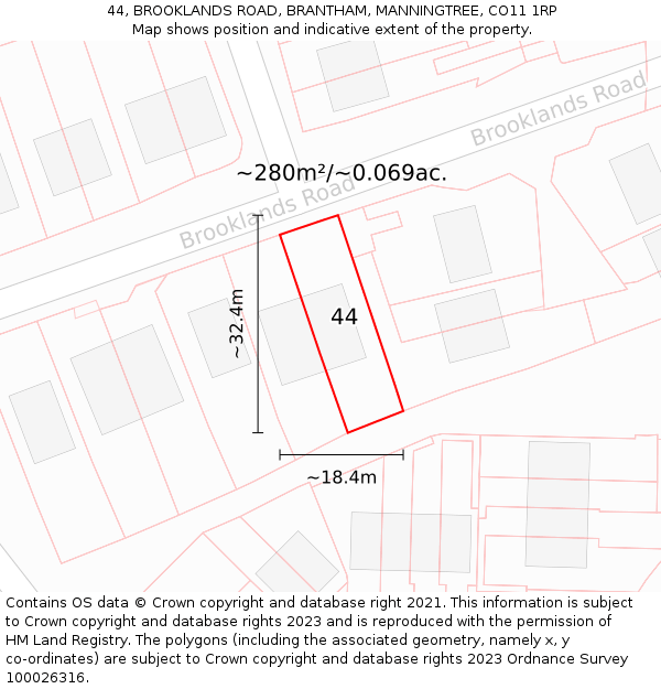 44, BROOKLANDS ROAD, BRANTHAM, MANNINGTREE, CO11 1RP: Plot and title map