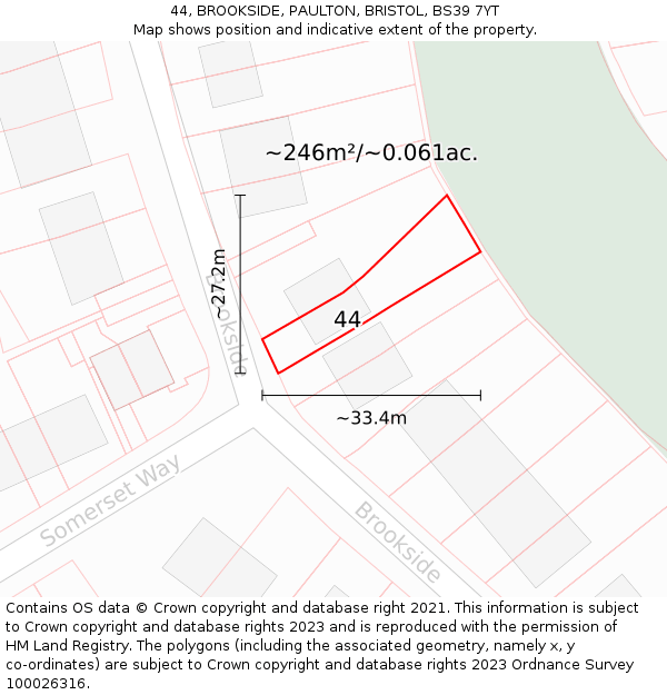 44, BROOKSIDE, PAULTON, BRISTOL, BS39 7YT: Plot and title map