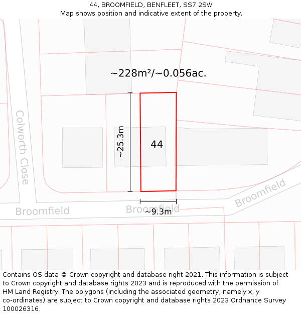 44, BROOMFIELD, BENFLEET, SS7 2SW: Plot and title map