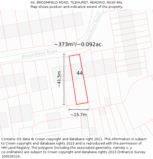 44, BROOMFIELD ROAD, TILEHURST, READING, RG30 6AL: Plot and title map