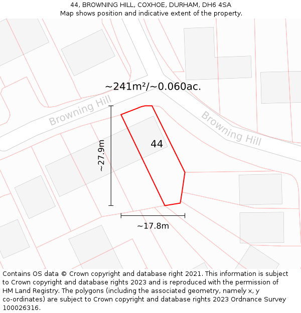 44, BROWNING HILL, COXHOE, DURHAM, DH6 4SA: Plot and title map