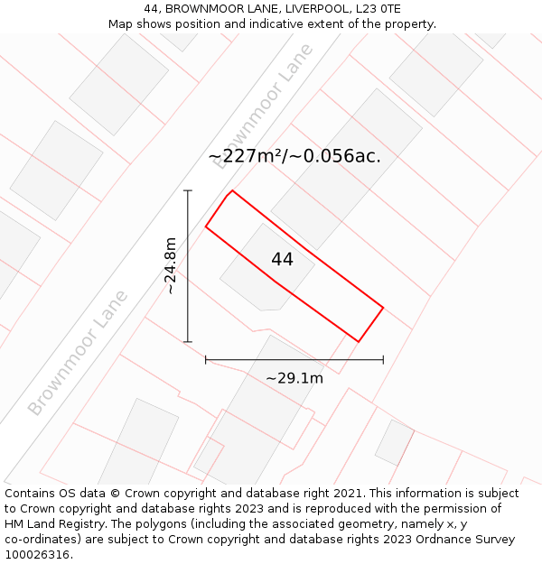 44, BROWNMOOR LANE, LIVERPOOL, L23 0TE: Plot and title map
