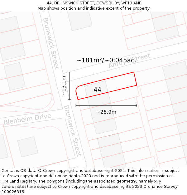 44, BRUNSWICK STREET, DEWSBURY, WF13 4NF: Plot and title map