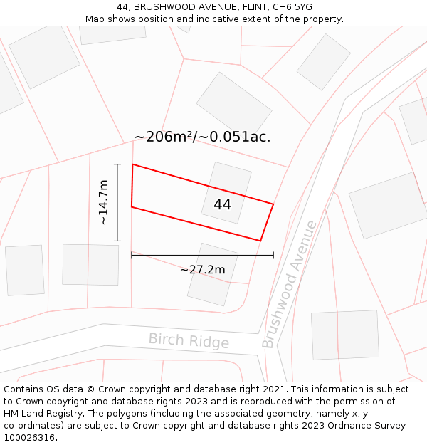 44, BRUSHWOOD AVENUE, FLINT, CH6 5YG: Plot and title map