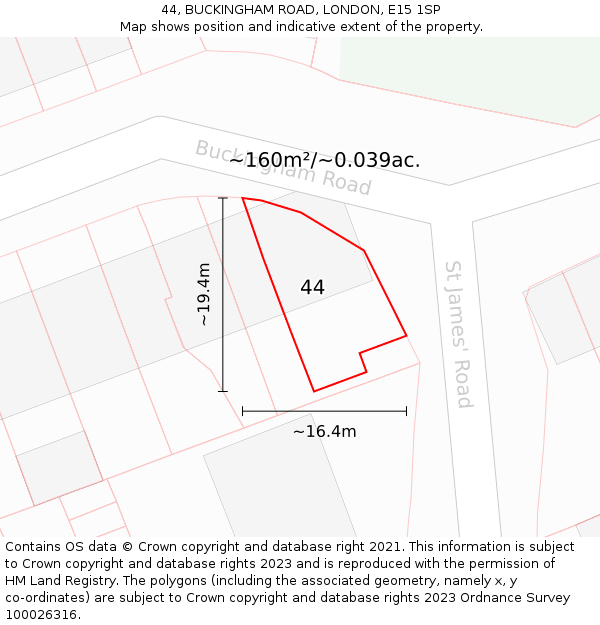 44, BUCKINGHAM ROAD, LONDON, E15 1SP: Plot and title map